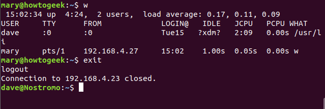 w and exit commands in a terminal window