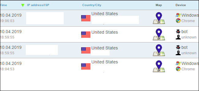 Resultados de rastreamento do registrador de IP, mostrando vários pings dos Estados Unidos.