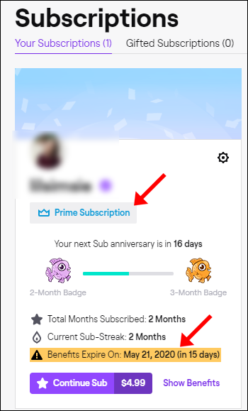 Uma data de expiração de assinatura na página "Assinaturas" de uma conta Twitch Prime.