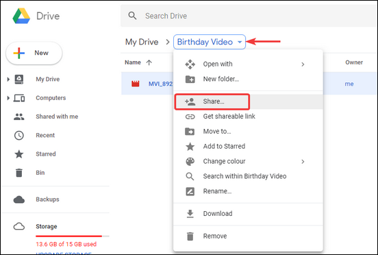 enviar vídeo para google drive