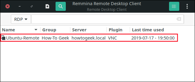 A nova conexão listada na janela principal do Remmina.