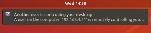 Conexão remota notificando o usuário remoto de que outro usuário está controlando sua área de trabalho.