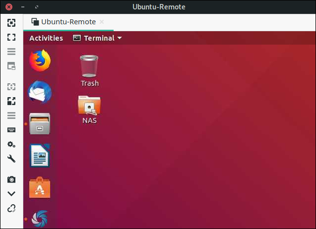 Área de trabalho Ubuntu remota em uma sessão Remmina VNC.