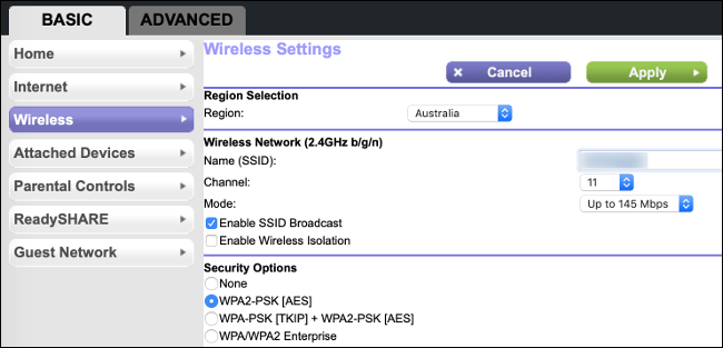 Escolha de um canal Wi-Fi no menu de configuração básica do roteador.