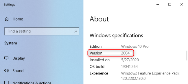 Windows 10 versão 2004 mostrado na janela Sobre.