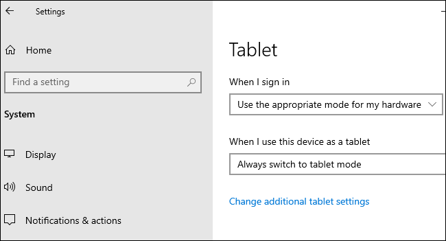 Opções de tablet em Configurações> Sistema> Tablet no Windows 10.
