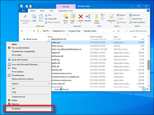 Clique com o botão direito no arquivo EXE e selecione "Propriedades" no Explorador de Arquivos do Windows 10.