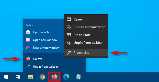 No Windows 10, clique com o botão direito do mouse no ícone da barra de tarefas e, em seguida, clique com o botão direito no atalho e selecione "Propriedades".