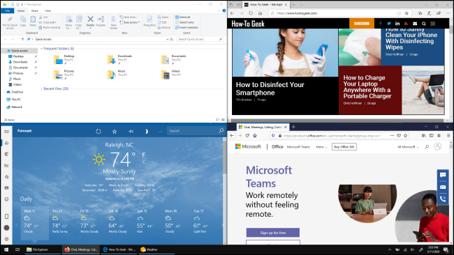 Quatro janelas, cada uma preenchendo um quarto da tela no Windows 10,