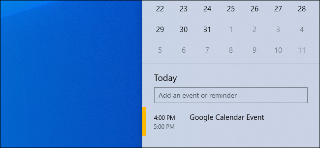 Um evento do Google Agenda no pop-up do calendário da barra de tarefas do Windows 10.