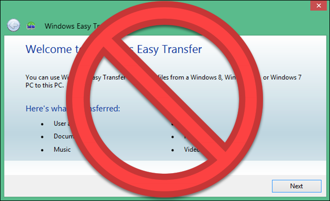 Programa de transferência fácil do Windows com o símbolo "NÃO" sobre ele.
