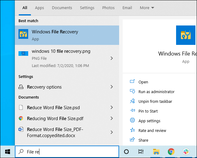 Iniciar a recuperação de arquivos do Windows a partir do menu Iniciar