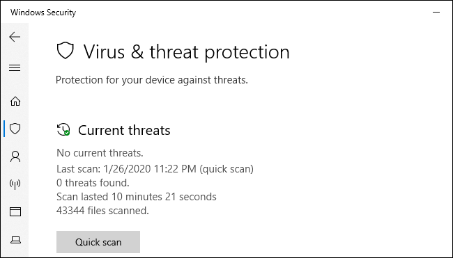 A tela de proteção contra vírus e ameaças da Segurança do Windows no Windows 10
