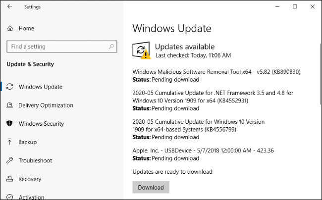 Instalação de atualizações para Edge e outros softwares por meio do Windows Update.