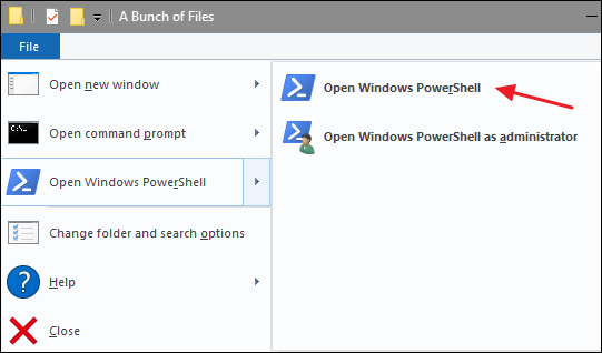Clique em Arquivo> Abrir Windows PowerShell> Abrir Windows PowerShell.