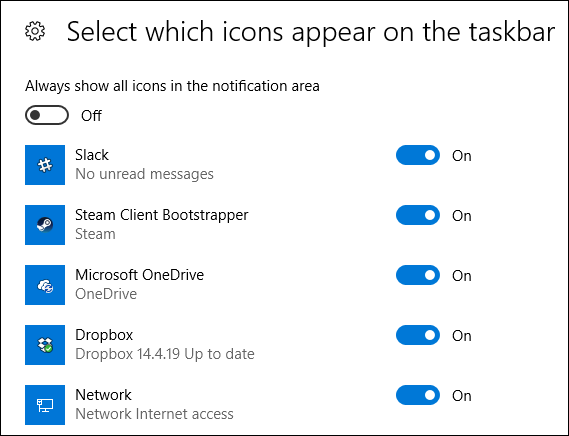 selecionando quais ícones aparecem na barra de tarefas no aplicativo de configurações