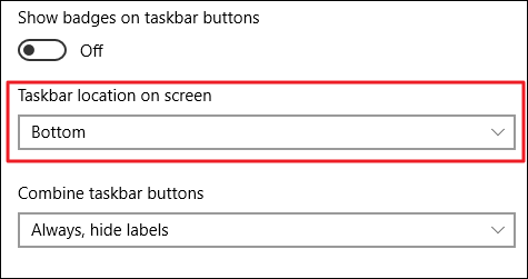 escolha da localização da barra de tarefas nas configurações