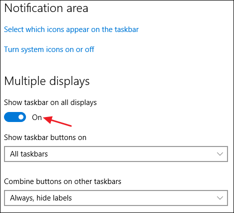 ativando a opção de mostrar a barra de tarefas em todos os monitores