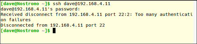 Usuário sendo desconectado após dois ataques de autenticação incorretos em uma janela de terminal