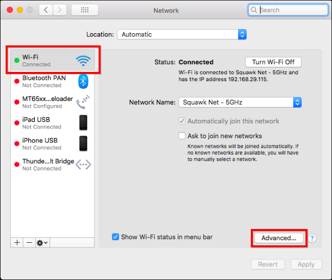 Clique em “Wi-Fi” e, em seguida, clique em “Avançado”.