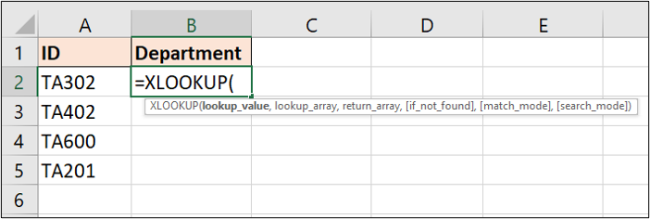 Informações exigidas pela função XLOOKUP