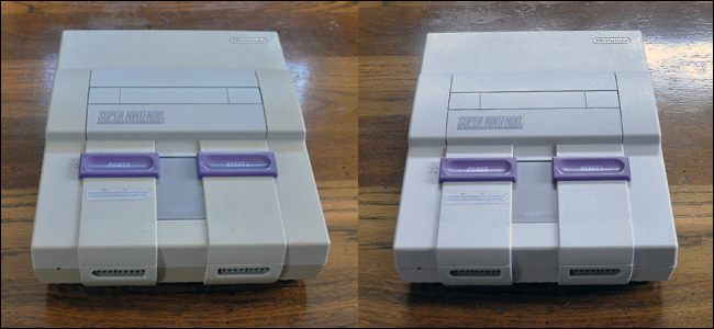 Um Super Nintendo amarelado à esquerda, e o mesmo branco brilhante após ser limpo com Retr0bright à direita. 
