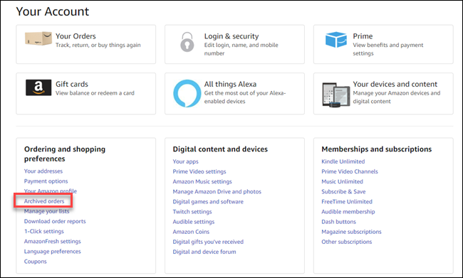 Amazon sua caixa de diálogo de conta com texto explicativo em torno do link de pedidos arquivados.