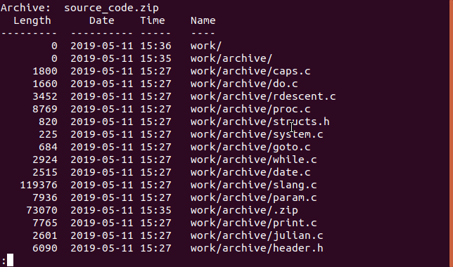 lista a saída do arquivo em uma janela de terminal