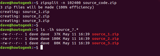 o comando zipsplit em uma janela de terminal