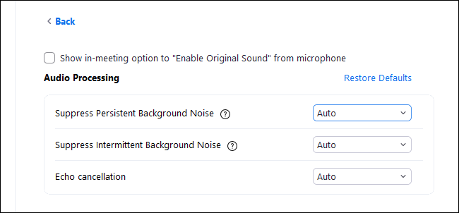 Opções de ruído de fundo do Zoom na janela Configurações.