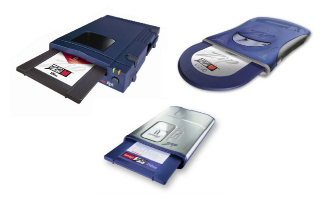 O Zip Drive de 100 MB, o Zip Drive de 250 MB e o Zip Drive de 750 MB. 