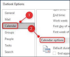 Configurações de "Opções de calendário" do Outlook.