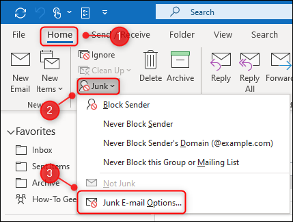 Opção de menu "Opções de lixo eletrônico" do Outlook.