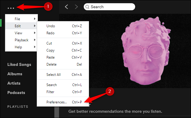 Menu> Editar> Preferências no Spotify no Windows 10.