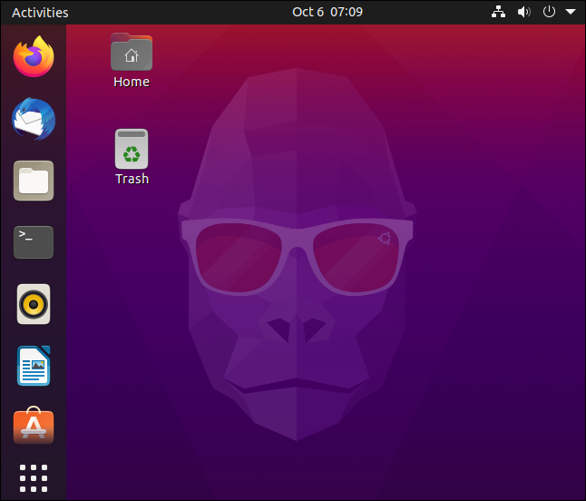 O "Groovy Gorilla" na área de trabalho padrão do Ubuntu 20.10.