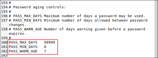 Os controles de envelhecimento da senha no editor gedit.