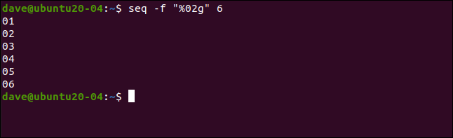 seq -f "% 02g" 6 em uma janela de terminal.