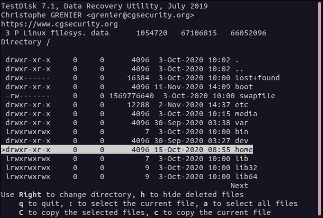 O menu de seleção de arquivo em testdisk em uma janela de terminal.