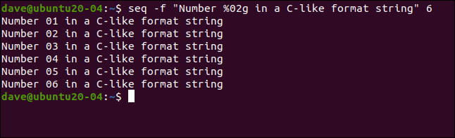 seq -f "Número% 02g em uma string de formato semelhante ao C" 6 em uma janela de terminal.