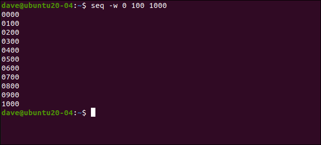 seq -w 0 100 1000 em uma janela de terminal.