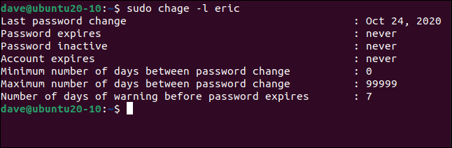 sudo chage -l eric em uma janela de terminal.