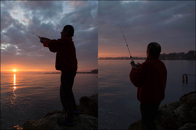 Duas imagens de um homem pescando ao pôr do sol foram fotografadas em diferentes distâncias focais, mas com a mesma quantidade de luz. 