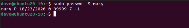 Saída de sudo passwd -S mary em uma janela de terminal.