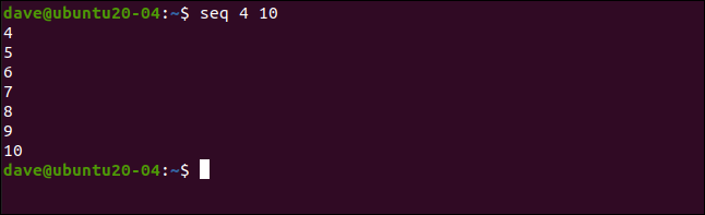 seq 4 10 em uma janela de terminal.