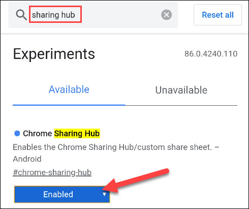 habilitar o sinalizador de hub de compartilhamento