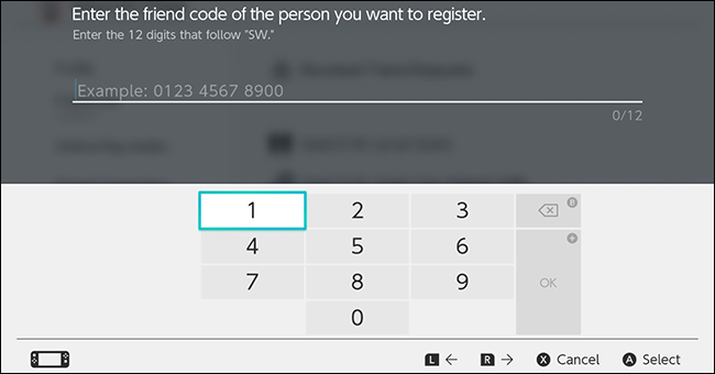 A tela de entrada do código de amigo do Nintendo Switch. 