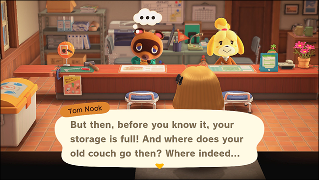 Tom Nook contando aos personagens sobre a atualização do armazenamento em "Animal Crossing: New Horizons".