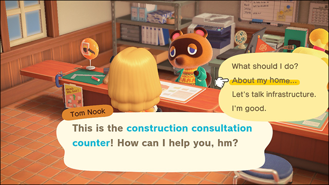Um personagem no balcão de consultoria de construção em "Animal Crossing: New Horizons".