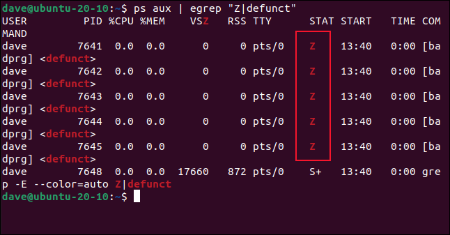 Saída de ps aux |  egrep "Z | extinto" em uma janela de terminal