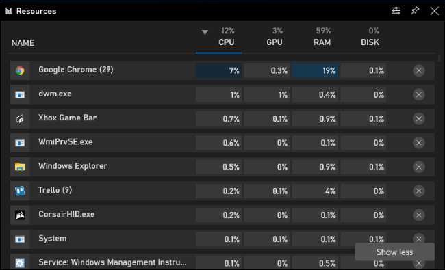 A interface completa do tipo Gerenciador de Tarefas de Recursos na Barra de Jogo do Windows 10